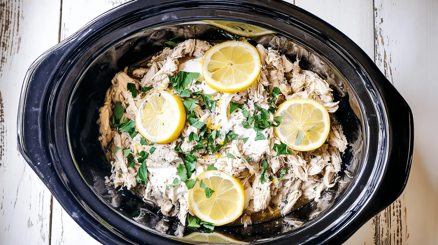 Overhead shot of tender, shredded slow cooker Greek chicken garnished with lemon slices, fresh herbs, and creamy sauce in a black serving dish.