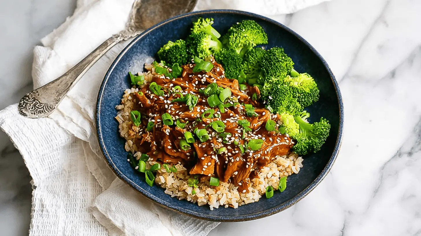Appetizing bowl of slow cooker honey garlic chicken, served with brown rice and broccoli, garnished with green onions and sesame seeds.