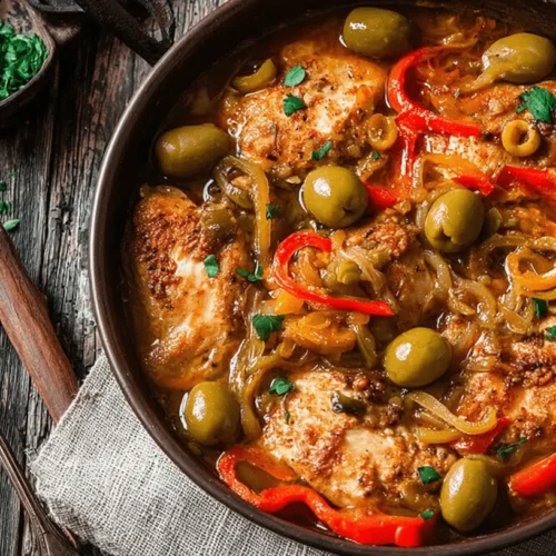Slow Cooker Mediterranean Chicken 2 Overhead view of a hearty slow cooker Mediterranean chicken dish with green olives, red bell peppers, and fresh herbs in a rustic pan.