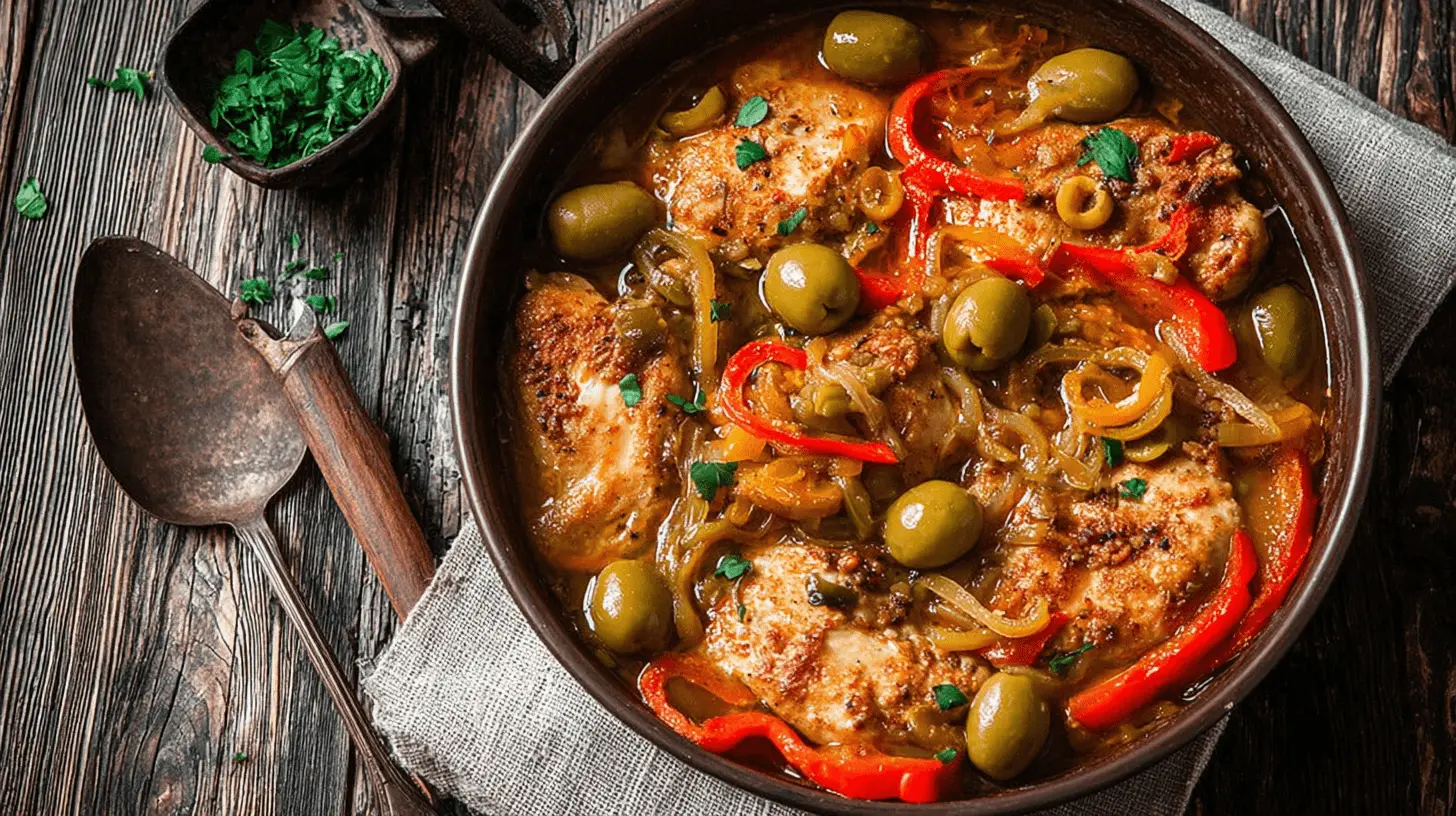 Slow Cooker Mediterranean Chicken 1 Overhead view of a hearty slow cooker Mediterranean chicken dish with green olives, red bell peppers, and fresh herbs in a rustic pan.