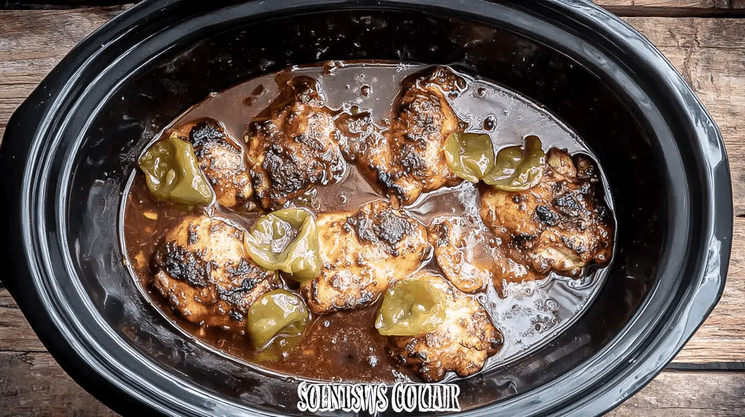 Top-down view of savory slow cooker Mississippi chicken with bell peppers in a black insert.