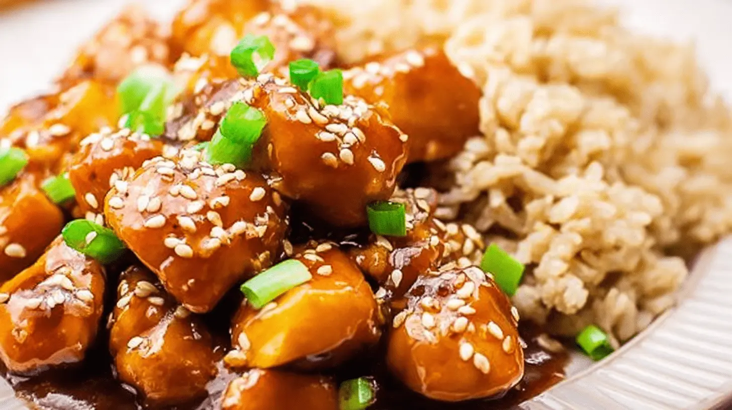 Appetizing slow cooker orange chicken garnished with sesame seeds and green onions, served alongside brown rice.