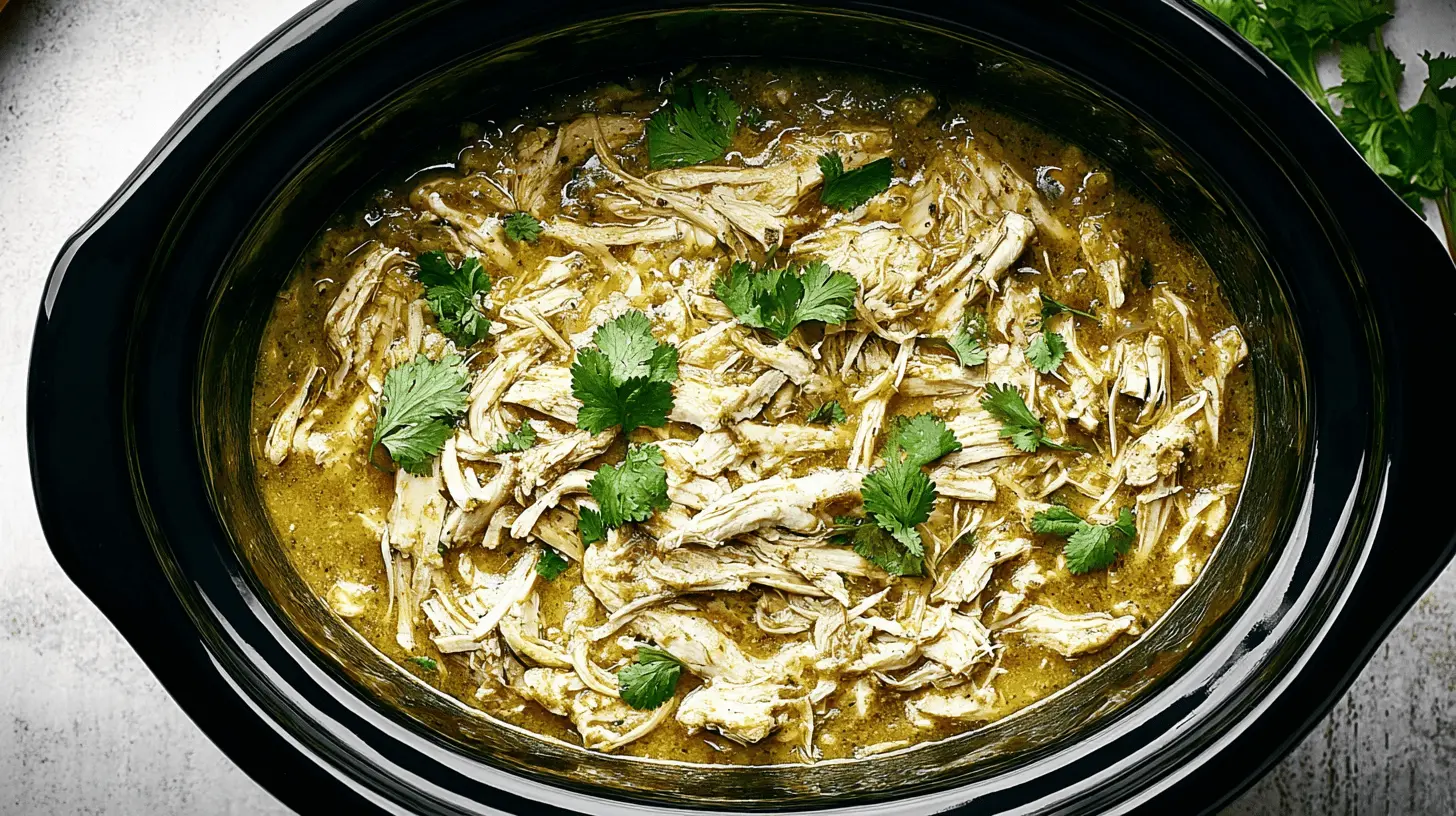 The Best Slow Cooker Salsa Verde Chicken 1 Overhead shot of tender slow cooker salsa verde chicken garnished with fresh cilantro in a dark slow cooker.