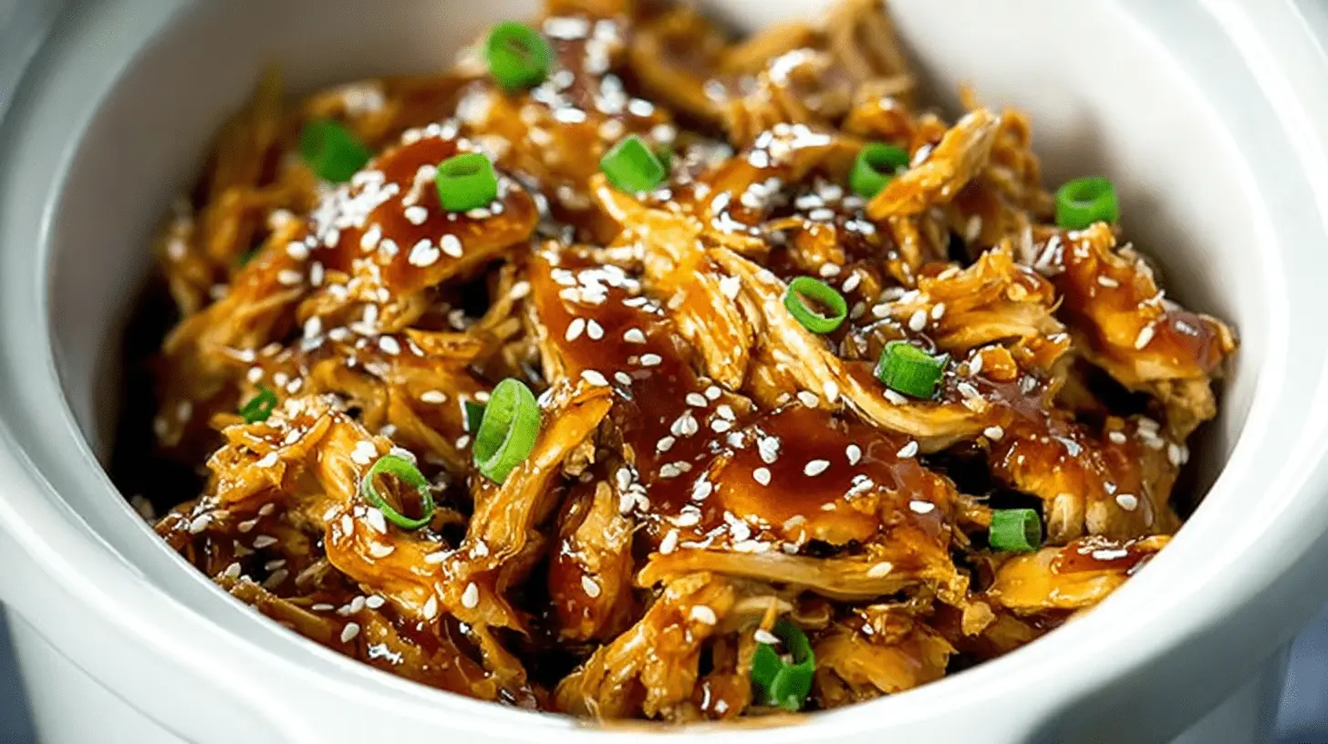 Close-up of succulent Slow Cooker teriyaki chicken, garnished with sesame seeds and green onions in a ceramic bowl.