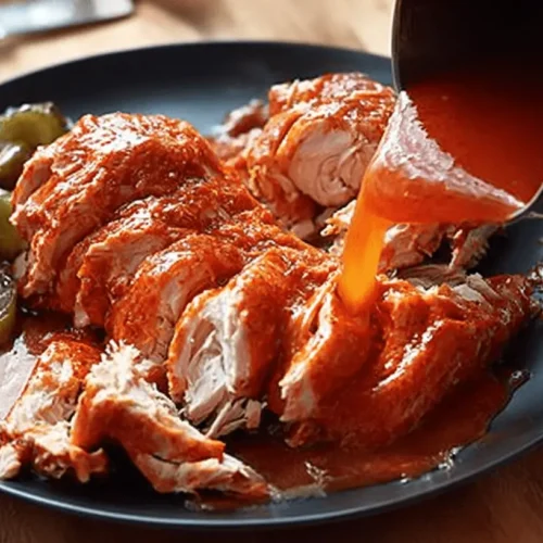 Sweet Baby Ray's Crockpot Chicken: The Easiest BBQ Meal Ever! 2 Close-up of sliced sweet baby ray's crockpot chicken breast drenched in a vibrant red-orange sauce, with more sauce being poured from a metallic pitcher, served with pickled gherkins.