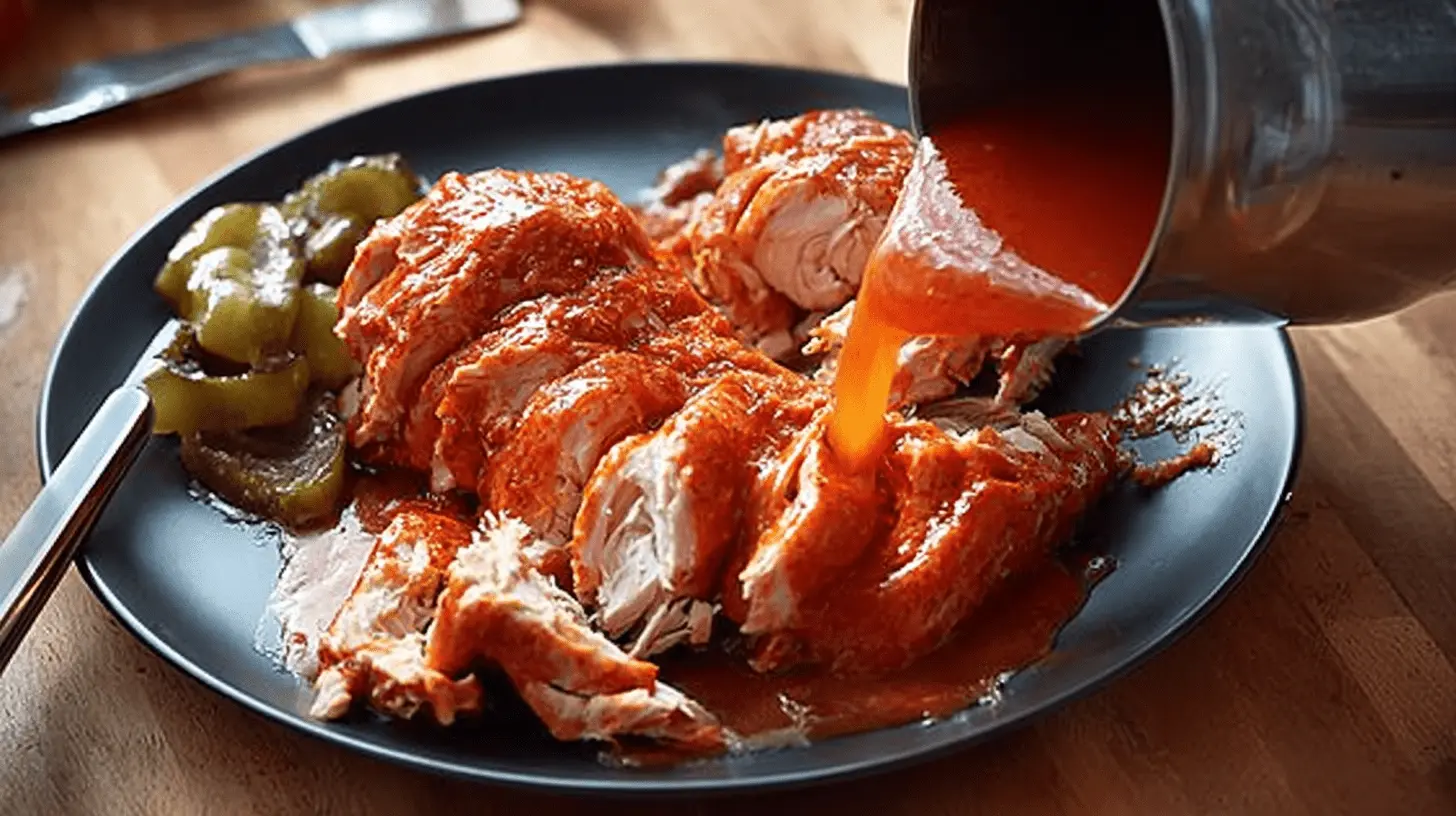 Sweet Baby Ray's Crockpot Chicken: The Easiest BBQ Meal Ever! 1 Close-up of sliced sweet baby ray's crockpot chicken breast drenched in a vibrant red-orange sauce, with more sauce being poured from a metallic pitcher, served with pickled gherkins.