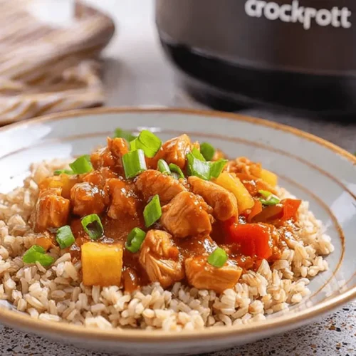 Delicious sweet Hawaiian crockpot chicken with pineapple, red bell pepper, and green onions over brown rice, served from a slow cooker.