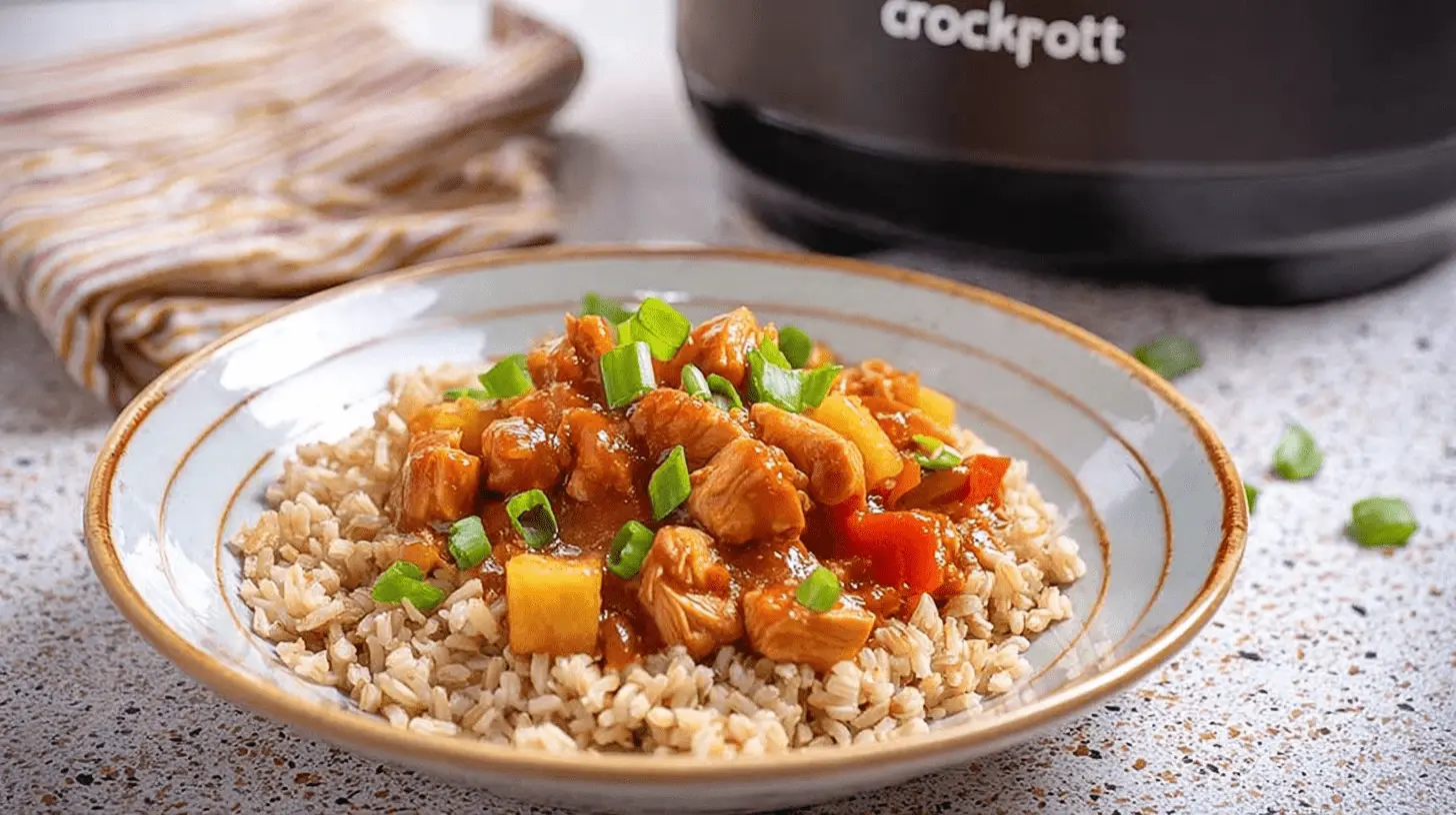 Delicious sweet Hawaiian crockpot chicken with pineapple, red bell pepper, and green onions over brown rice, served from a slow cooker.