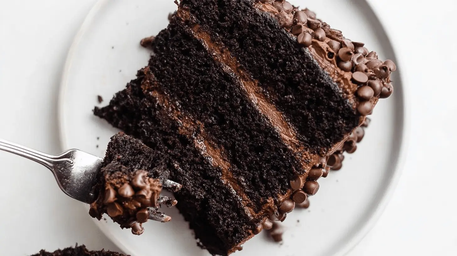 Ultimate Triple Chocolate Cake Recipe 1 Decadent slice of triple chocolate cake with rich frosting and chocolate chips, being enjoyed with a fork.
