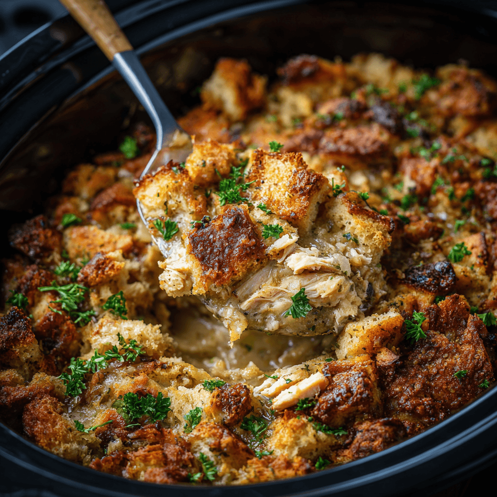 Hearty Crockpot Chicken and Stuffing 1 u7568358879 Crockpot chicken and stuffing close up overhead v e1a1de4f 53f3 4425 b543 9803c46d2d12 1 - Hearty Crockpot Chicken and Stuffing
