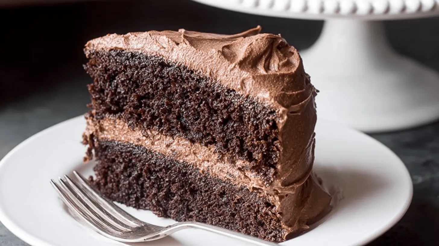 Best Moist Vegan Chocolate Cake Recipe – Ready in 30 Minutes 1 A decadent slice of vegan chocolate cake with rich, creamy frosting on a white plate.