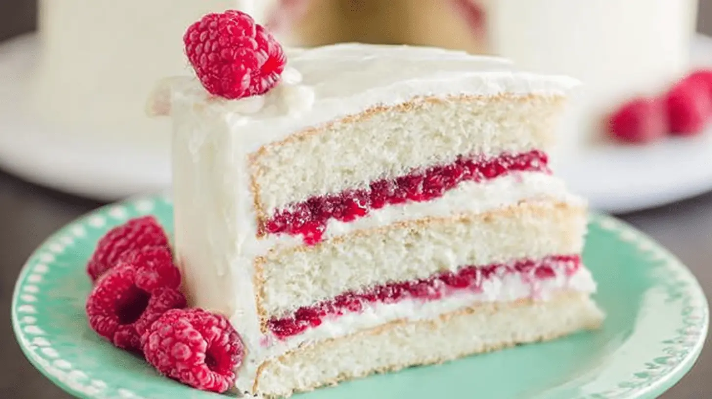 White Chocolate Raspberry Cake 1 A beautifully presented slice of white chocolate raspberry cake with creamy frosting and fresh raspberries on a mint green plate.