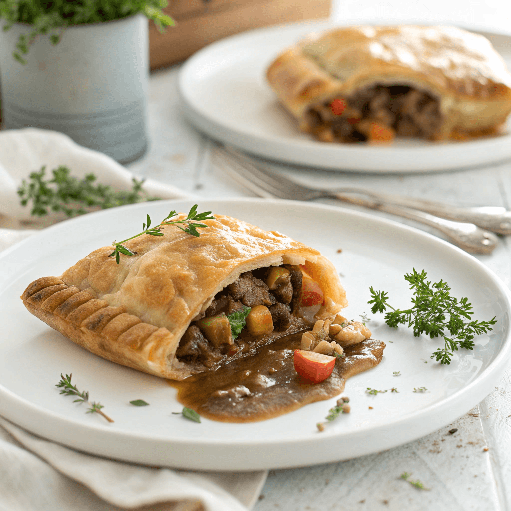 45-degree view of beef hand pie with golden pastry and hearty beef filling.