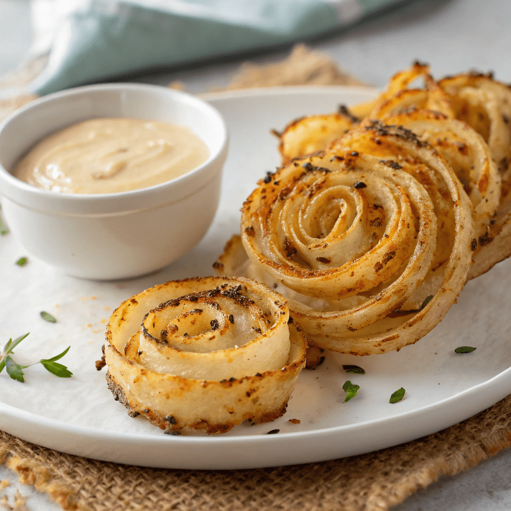 45-degree angle of roasted parmesan onion spirals showing curled layers.