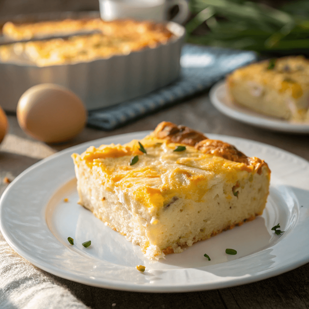 Easy Cheesy Egg Casserole: The Ultimate Bread-Free Brunch Recipe 5 45-degree angled view of cheesy egg casserole showing golden crust and airy cheesy texture.