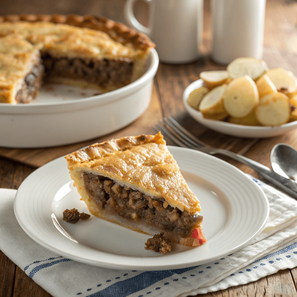 45-degree angled view of a French Canadian meat pie slice showing flaky pastry and rich filling.