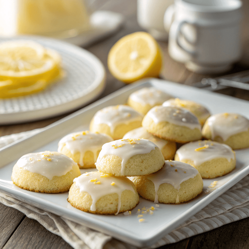 45-degree angled view of lemon meltaway cookies showcasing soft texture and lemon glaze.