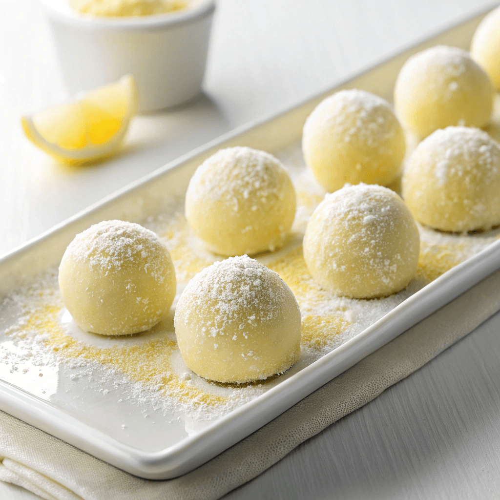 Angled 45-degree view of lemon truffles showing powdered coating and round shape.