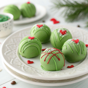 45-degree angled view of Grinch Oreo truffles showing green candy coating and red hearts.