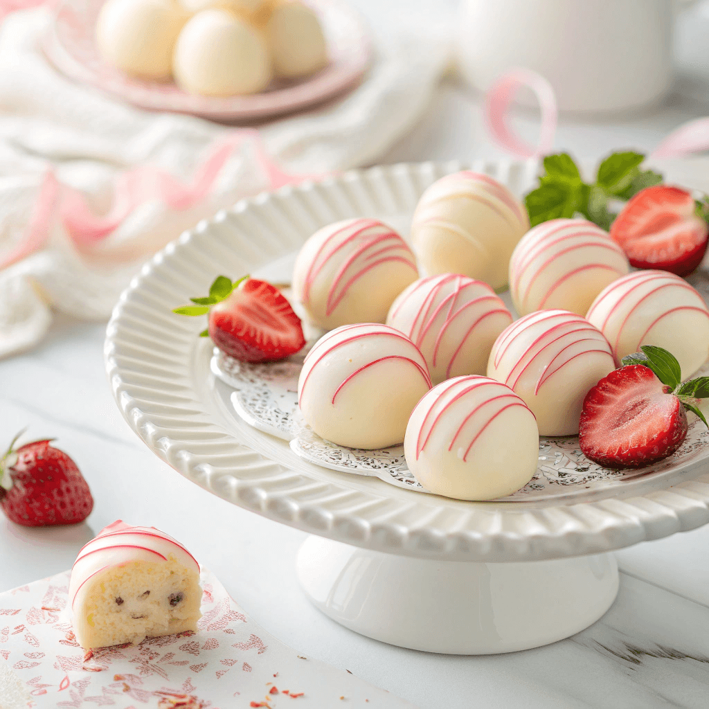 45-degree angled view of strawberry cheesecake truffles showing white chocolate coating and pink drizzle.