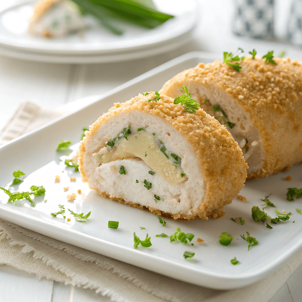 Chicken pillow on a white plate with golden breadcrumb crust and creamy filling