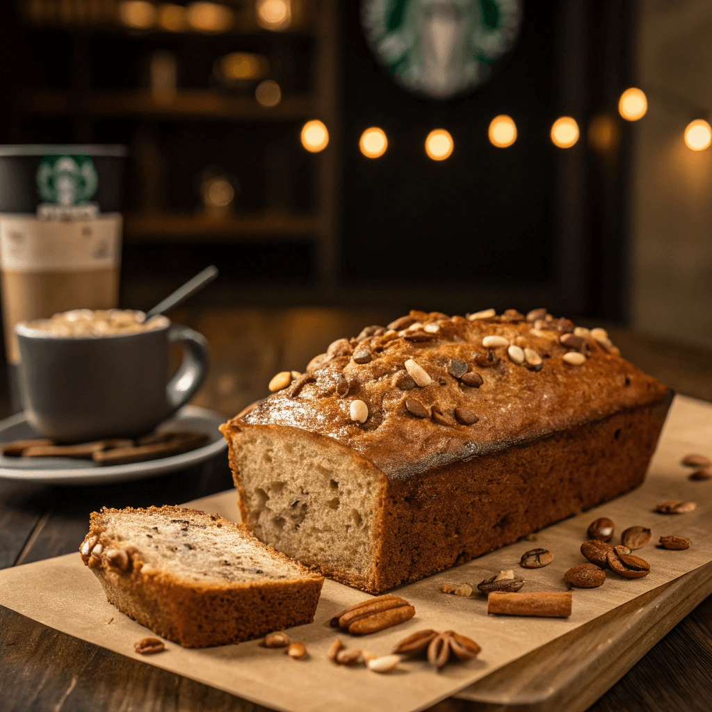 Whole Starbucks-style banana nut bread loaf topped with pecans.