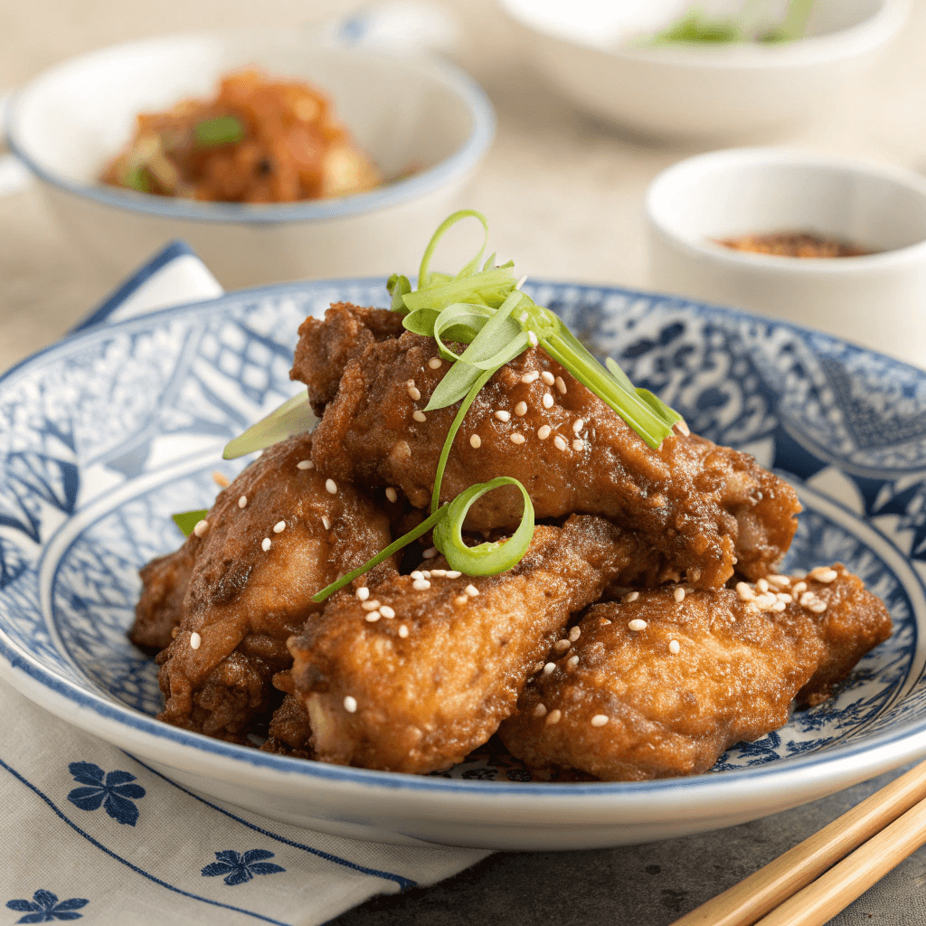 Plate of crispy Chinese chicken wings with golden skin and scallion garnish.