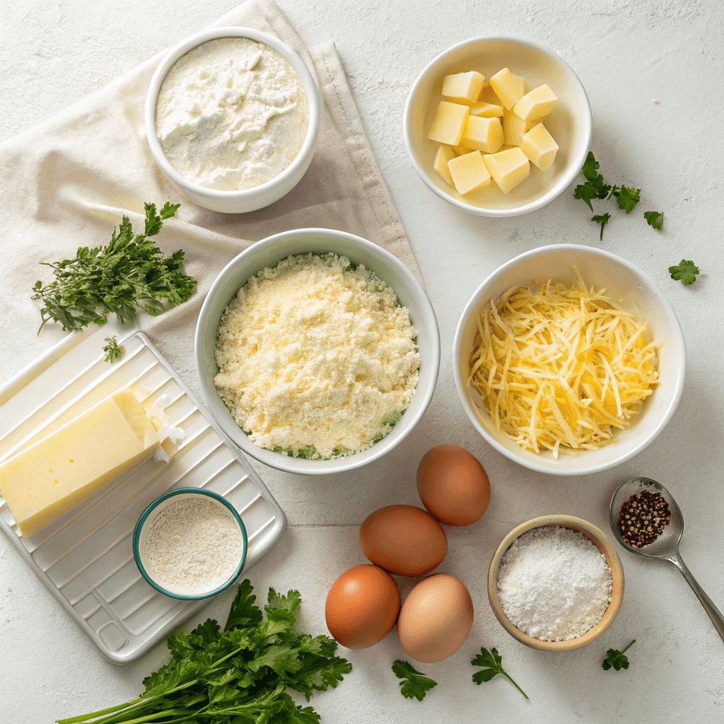 Easy Cheesy Egg Casserole: The Ultimate Bread-Free Brunch Recipe 3 Flat lay of ingredients for cheesy egg casserole including eggs, cottage cheese, mozzarella, flour, butter, and herbs.
