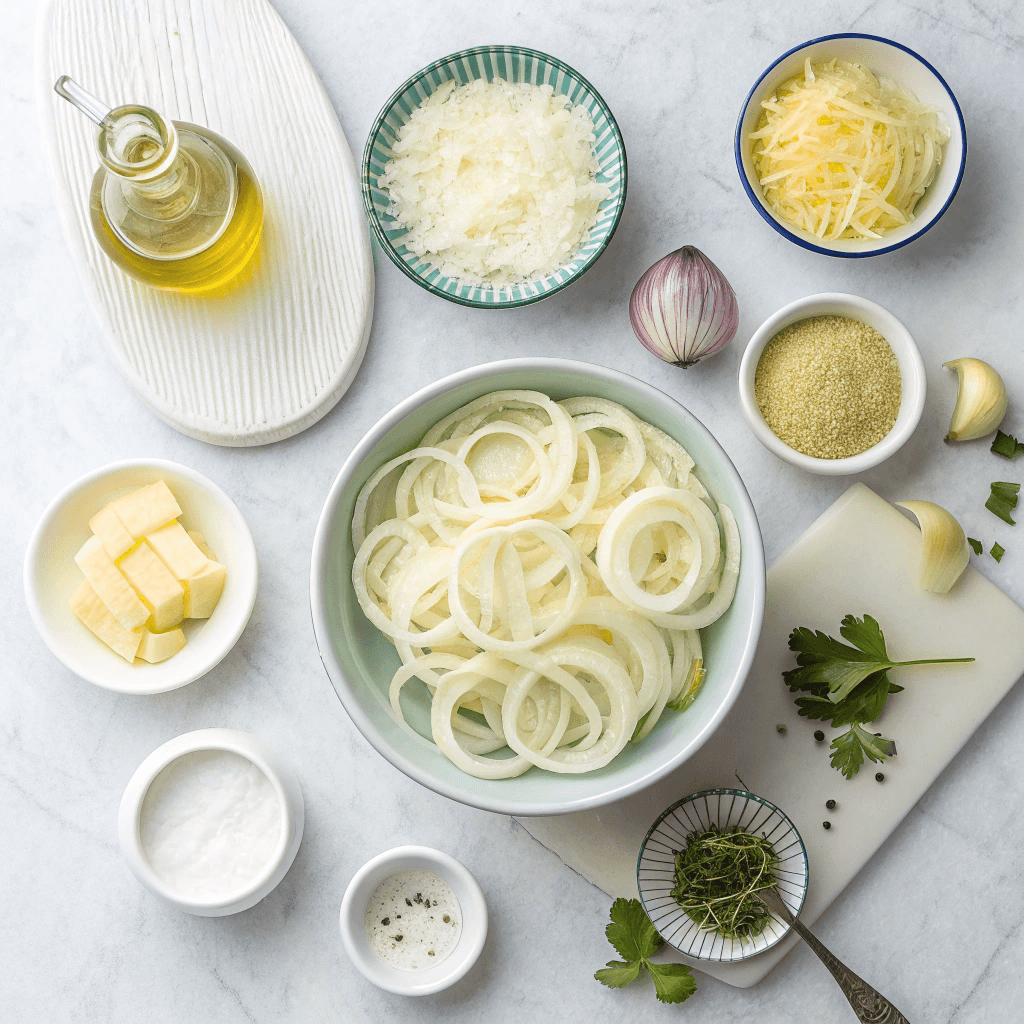 Flat lay of onion ring chip ingredients including sliced onions, parmesan cheese, olive oil, and spices.
