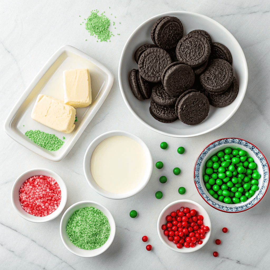 Flat lay of ingredients for Grinch Oreo truffles including Golden Oreos, cream cheese, green candy melts, sprinkles, and red hearts.