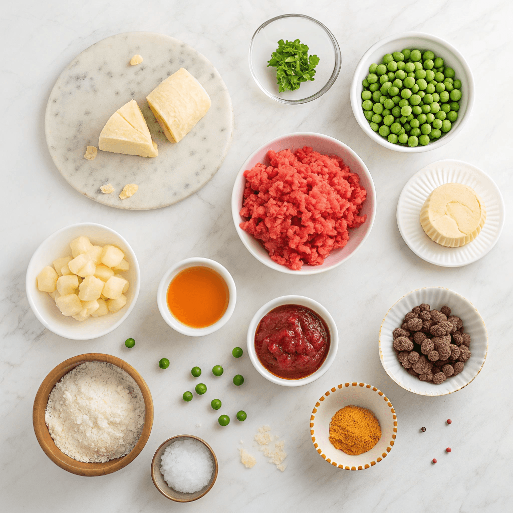 Flat lay of beef hand pie ingredients including beef, carrots, peas, potatoes, onion, spices, pie crusts, and egg wash.