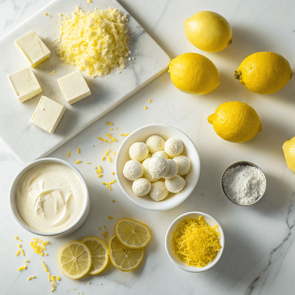 Flat lay of lemon truffle ingredients including white chocolate, cream, lemons, and powdered sugar.