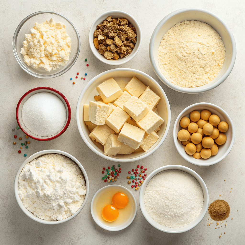 Flat-lay of cheesecake ingredients including cream cheese, sugar, sour cream, eggs, and sprinkles