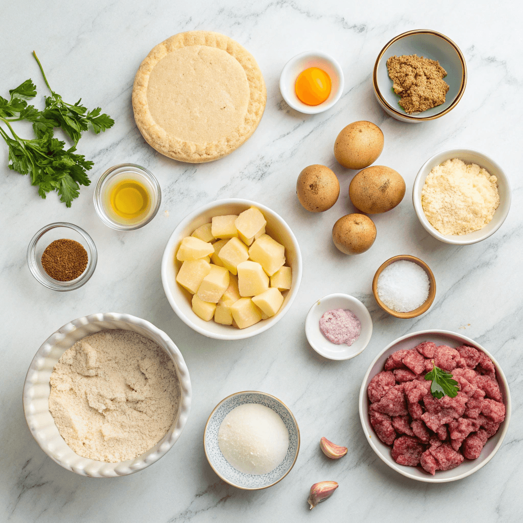 Flat lay of ingredients for French Canadian meat pie including meat, potatoes, spices, broth, and pie dough.