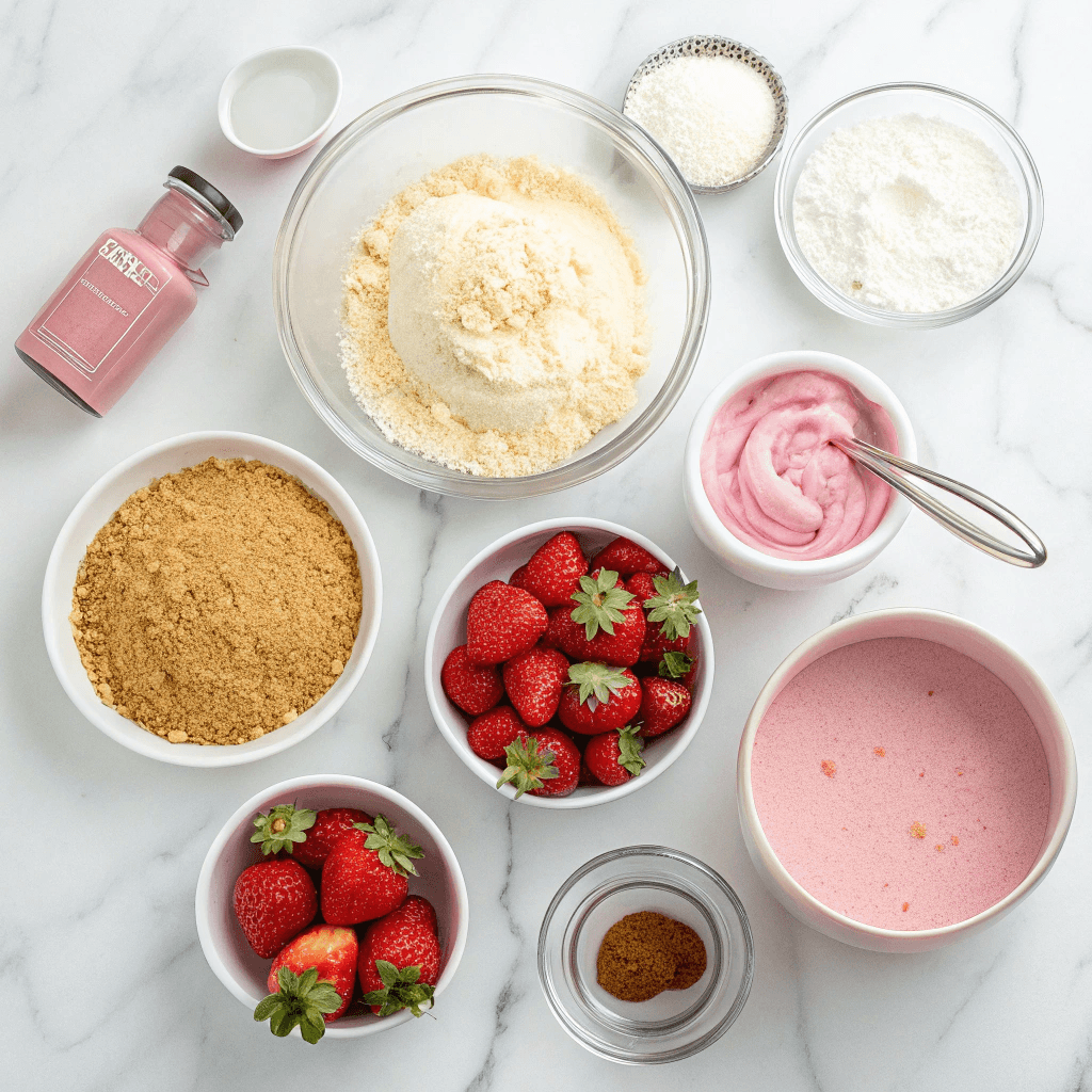 Flat lay of strawberry cheesecake truffle ingredients including graham crumbs, cream cheese, sugar, strawberries, and white chocolate.