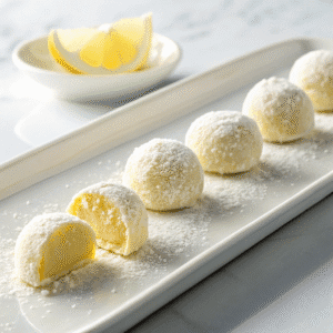 Lemon truffles neatly arranged on a white plate, coated in powdered sugar with soft bright lighting.