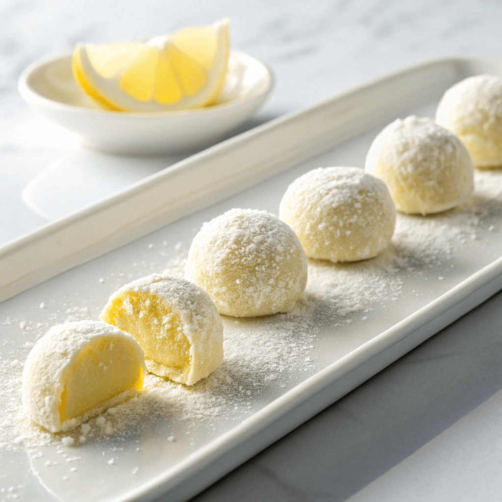 Lemon truffles neatly arranged on a white plate, coated in powdered sugar with soft bright lighting.