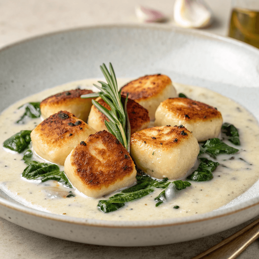 Crispy pan-seared gnocchi in creamy parmesan sauce on white plate