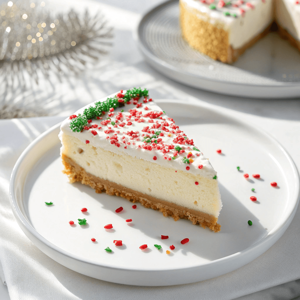 A single slice of sugar cookie cheesecake on a white plate with festive sprinkles