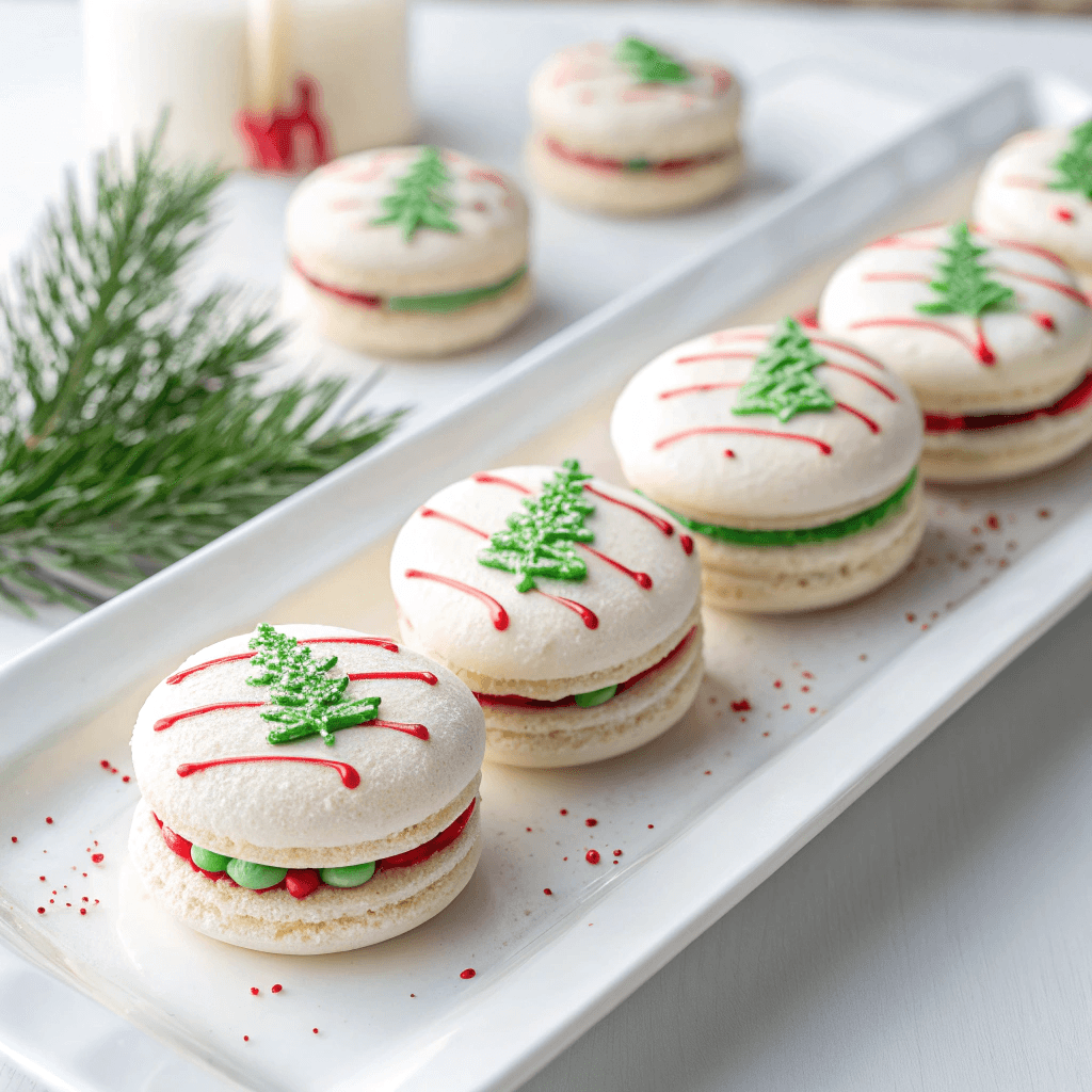 Christmas macarons arranged on a white plate with green sprinkles and red icing