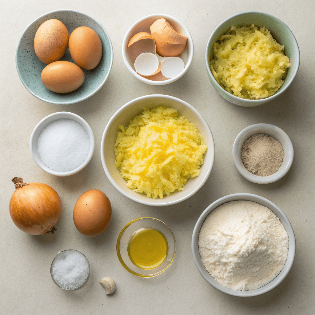Flat-lay of potatoes, onion, eggs, flour, and oil for potato pancakes