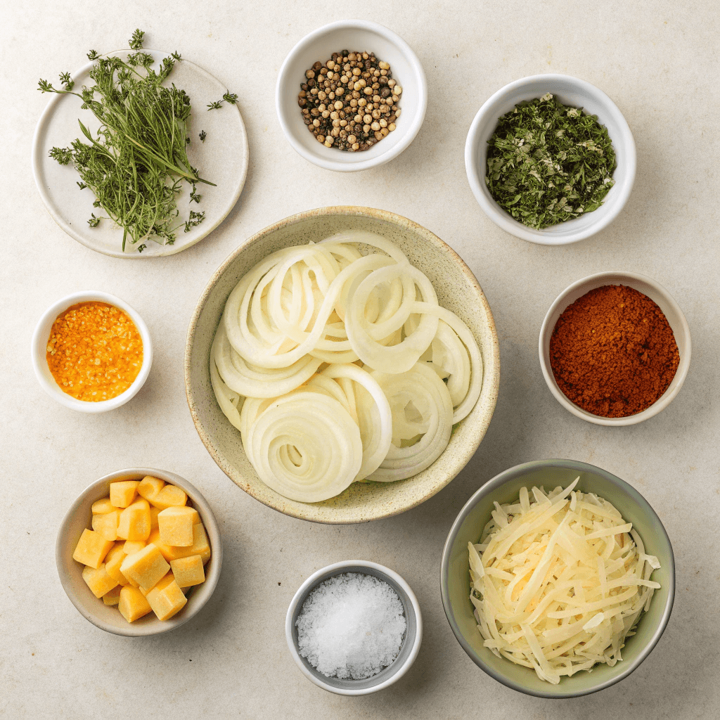 Classic Southern Tennessee Onions Casserole 3 Flat-lay of onions, butter, cheese, and spices for Tennessee onions