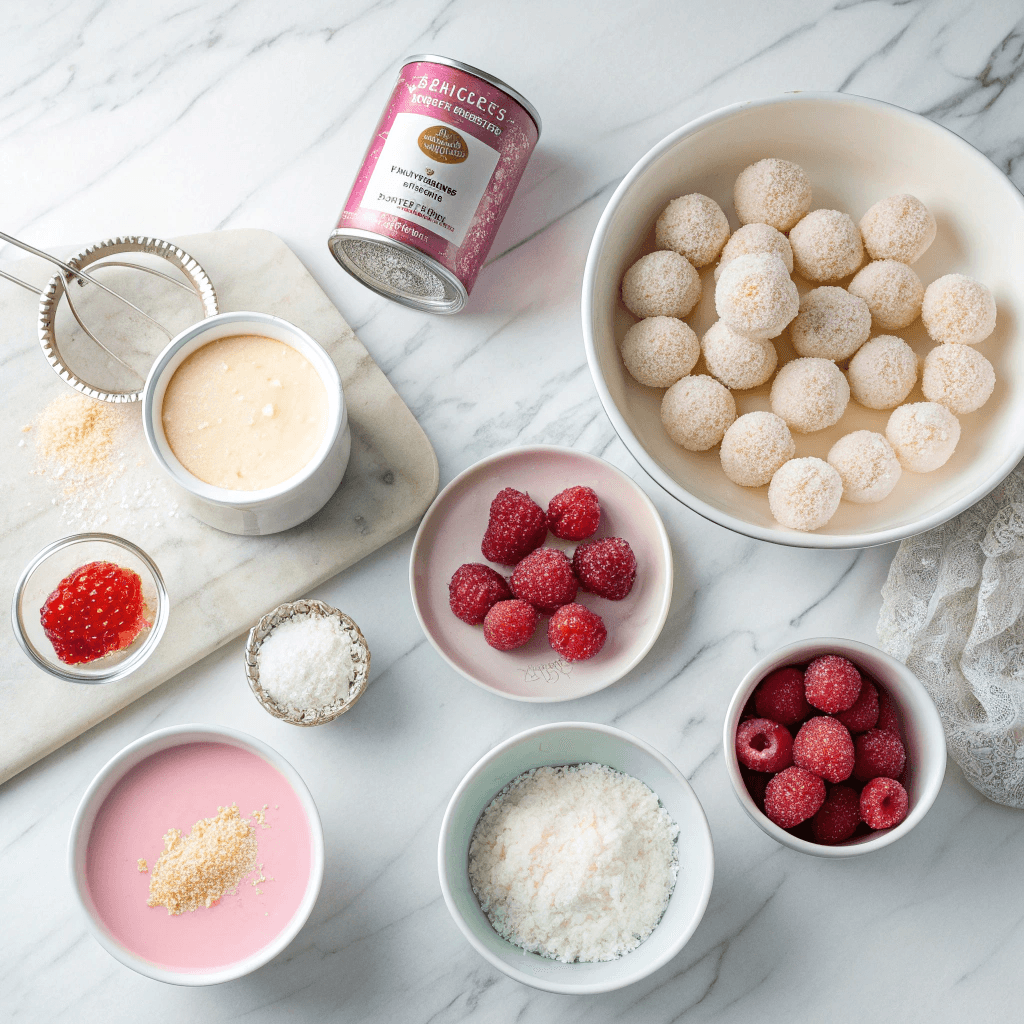 Flat lay of raspberry coconut ball ingredients including wafers, coconut, condensed milk, raspberry extract, and pink sugar.