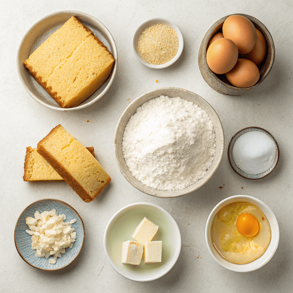 The Best Moist Coconut Loaf Cake Recipe 3 Flat-lay ingredients for coconut loaf cake including butter, sugar, flour, and coconut