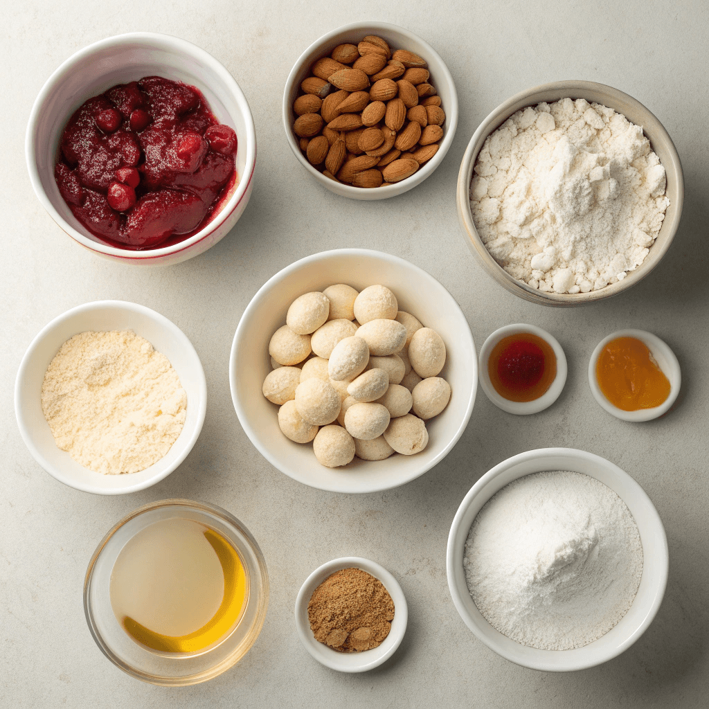 Flat-lay of almond snowball cookie ingredients including flour, almonds, butter, jam, and powdered sugar