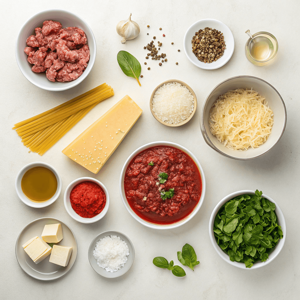 Flat-lay ingredients for lasagna soup including noodles, meat, broth, cheese, and herbs