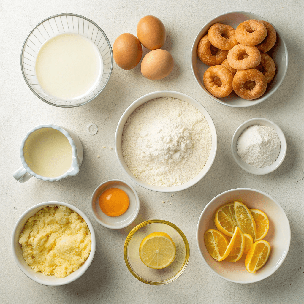 Flat-lay ingredients for French crullers including milk, butter, flour, eggs, and glaze