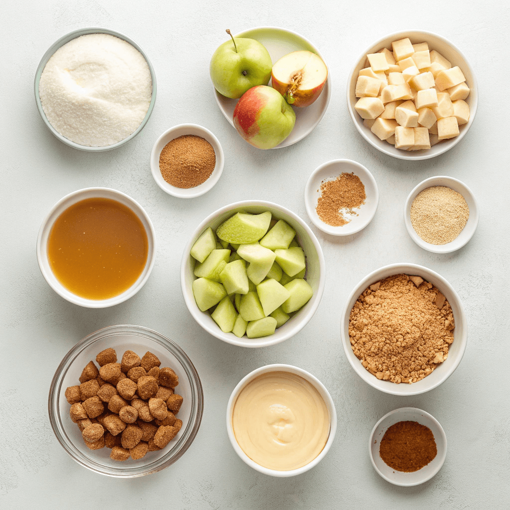 Flat-lay ingredients for caramel apple dessert cups including apples, crumbs, caramel, and pudding mix