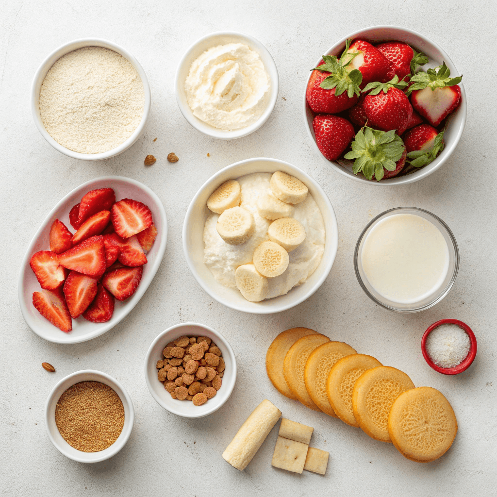 Flat-lay ingredients for strawberry banana pudding including pudding mix, bananas, strawberries, and cookies