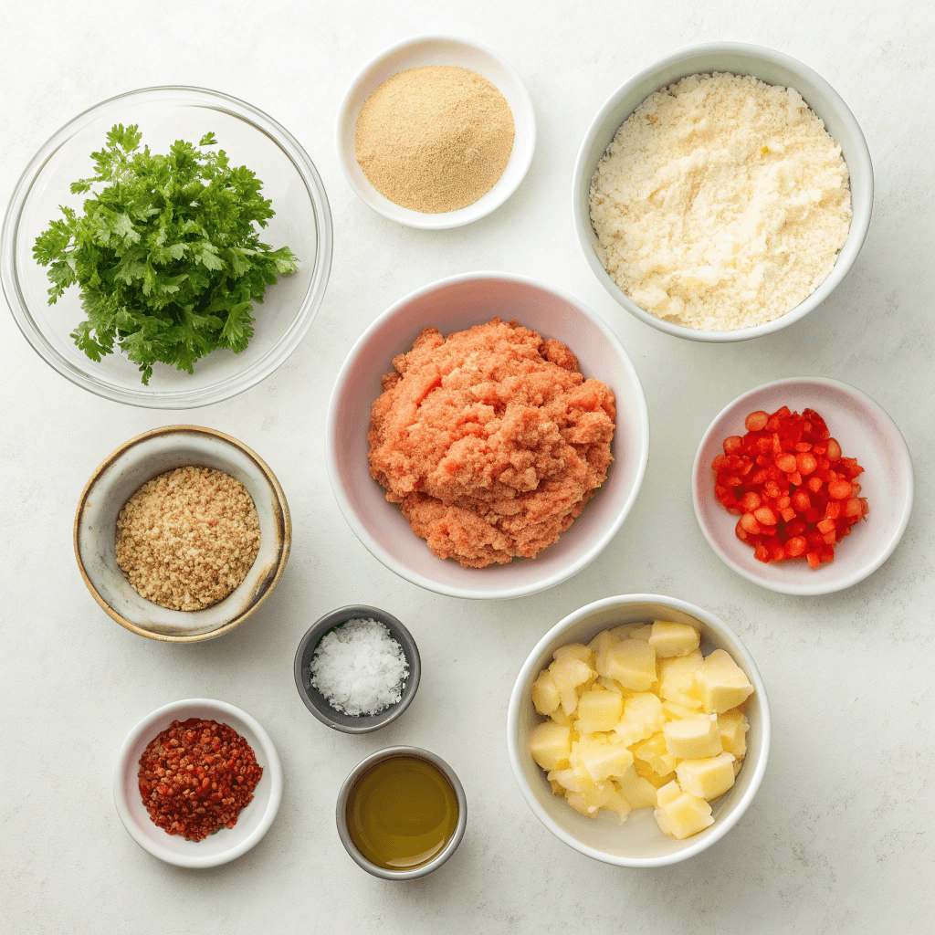 Flat-lay ingredients for salmon patties including salmon, onion, pepper, breadcrumbs, and herbs